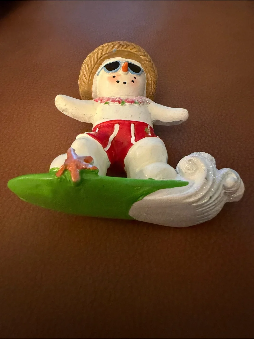Snowman Hawaiian on Surfboard Christmas Ornament